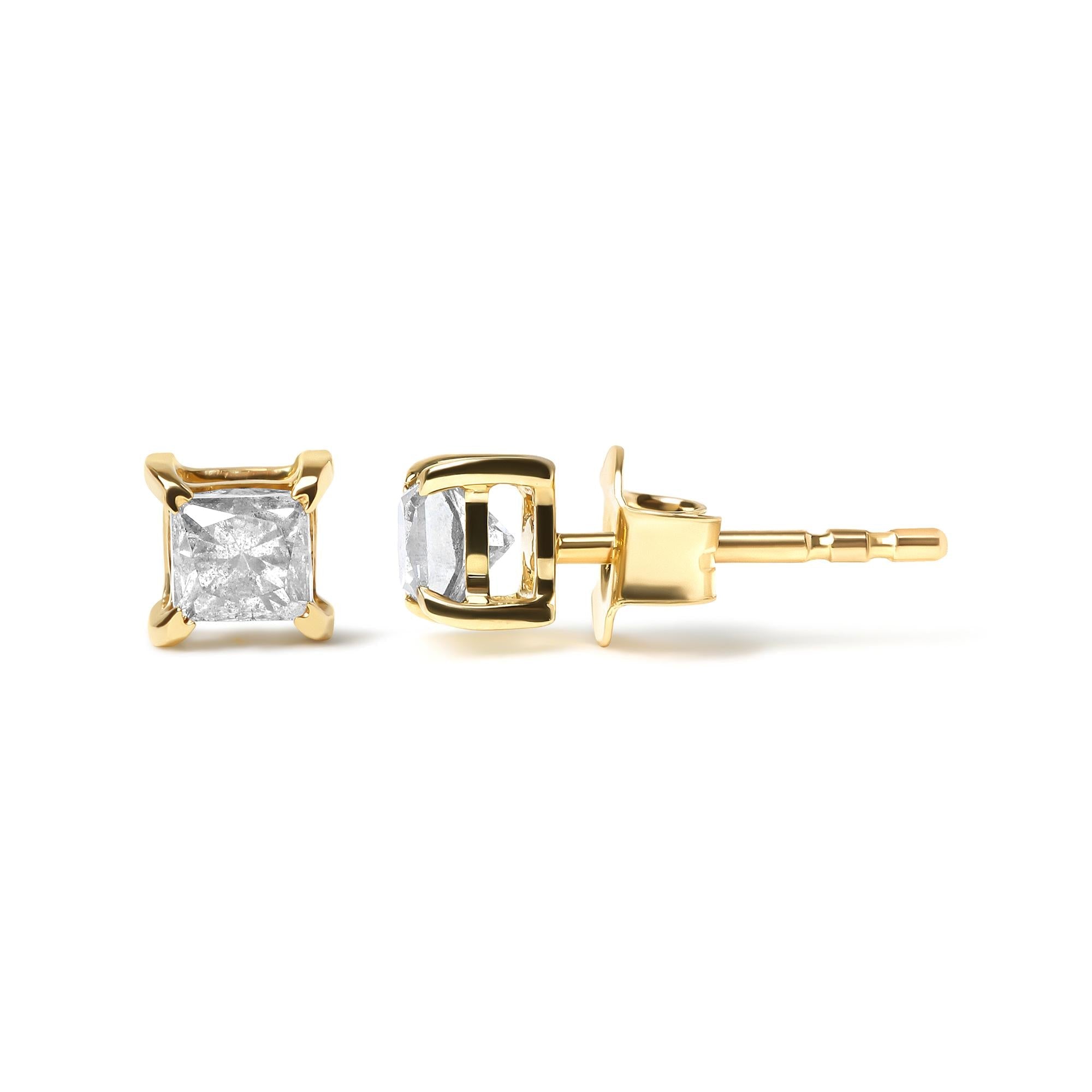 10K Yellow Gold 5/8 Cttw Princess Cut Diamond 4-Prong Solitaire Stud Earrings (J-K Color, I2-I3 Clarity)-2